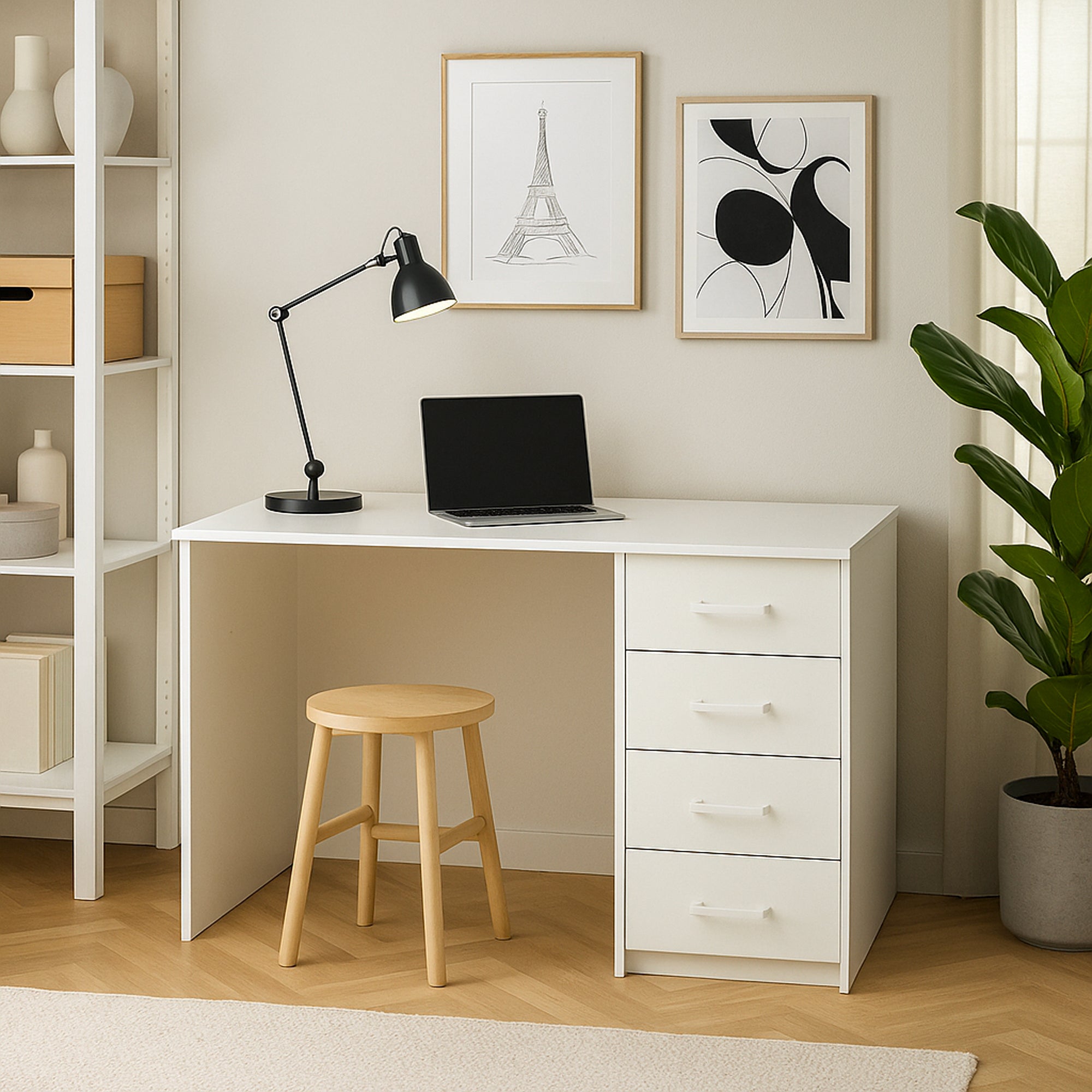 Cassiopea - Scrivania con 4 Cassetti 110x56x73 cm per PC da Ufficio in Legno Bianca