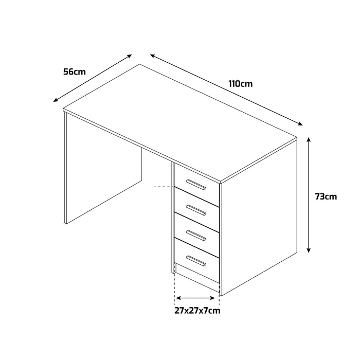 Cassiopea - Scrivania con 4 Cassetti 110x56x73 cm per PC da Ufficio in Legno Bianca