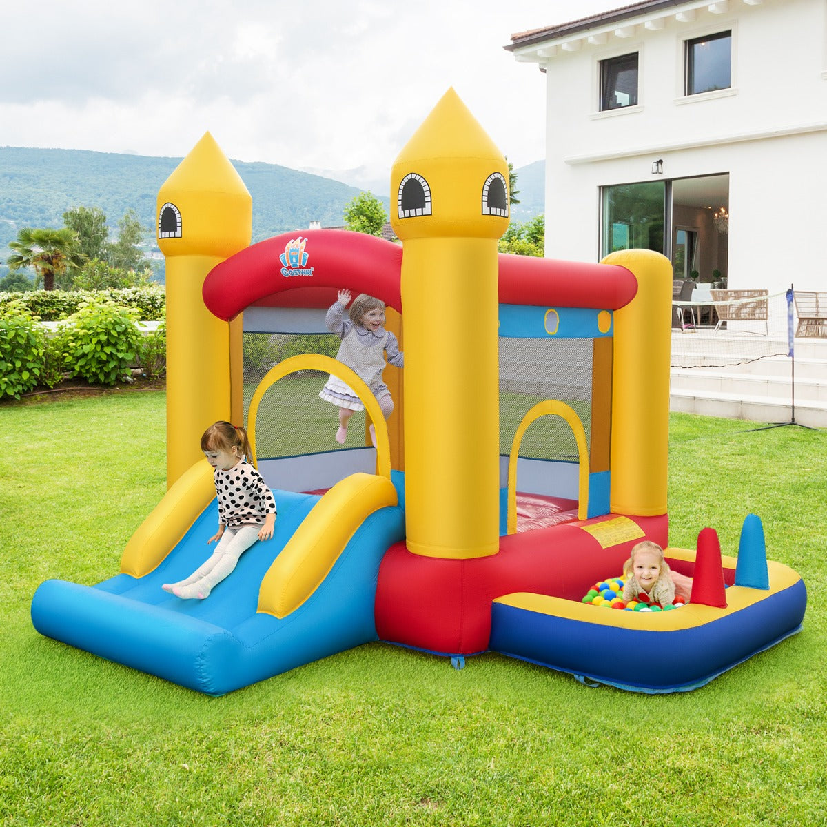 Castello gonfiabile con scivolo area di salto canestro compressore, Gioco gonfiabile per bambini da esterno-Strutture gonfiabili da salto