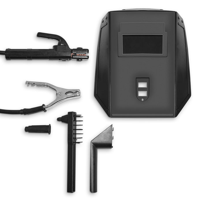 CASTER-MMA Saldatrice ad inverter 200Amp con tecnologia IGBT. Leggera, sicura ed affidabile, dotata di controllo a circuito chiuso. Fornita con pinza di massa, porta elettrodo e maschera per saldatura. Certificata CE