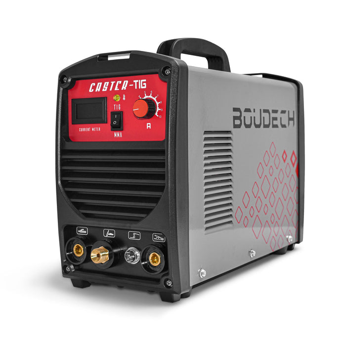 CASTER-TIG Saldatrice ad arco inverter 200 Amp. Doppia funzione TIG/MMA innesco alta frequenza sistema di protezione VDR Fornita con torcia TIG porta elettrodo morsetto di terra cavo da 3m e spazzole. Certificata CE RoHS