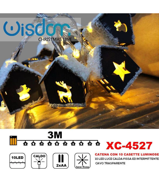 Catena 10 Casette Luminose 10led Batteria Luce Calda Fissa+intermittente Xc-4527         