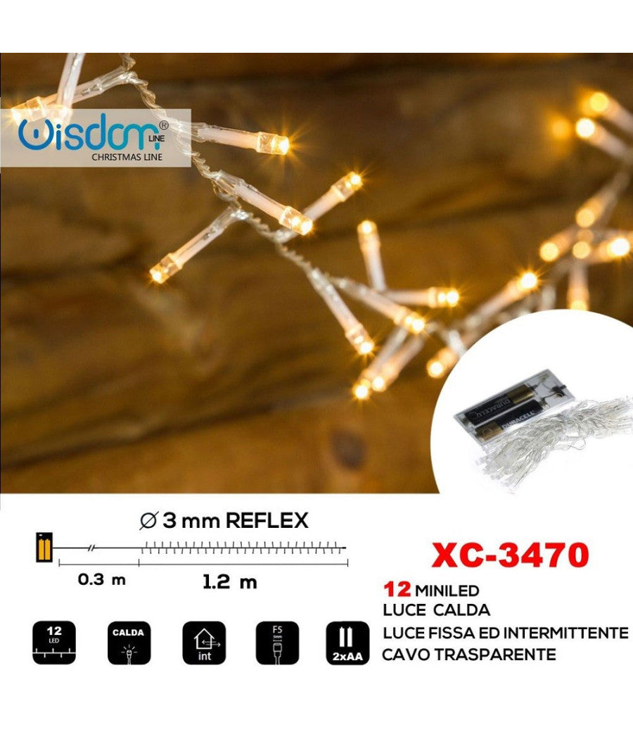 Catena 12 Led A Batteria Cavo Trasparente Luce Calda Fissa+intermittente Xc-3470         