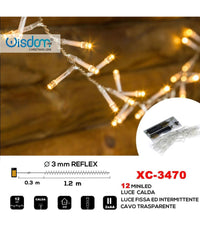 Catena 12 Led A Batteria Cavo Trasparente Luce Calda Fissa+intermittente Xc-3470         
