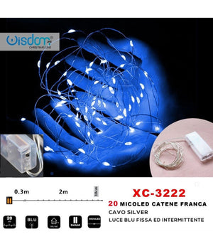 Catena 20 Microled A Batteria Cavo Silver Luce Blu Fissa + Intermittente Xc-3222         