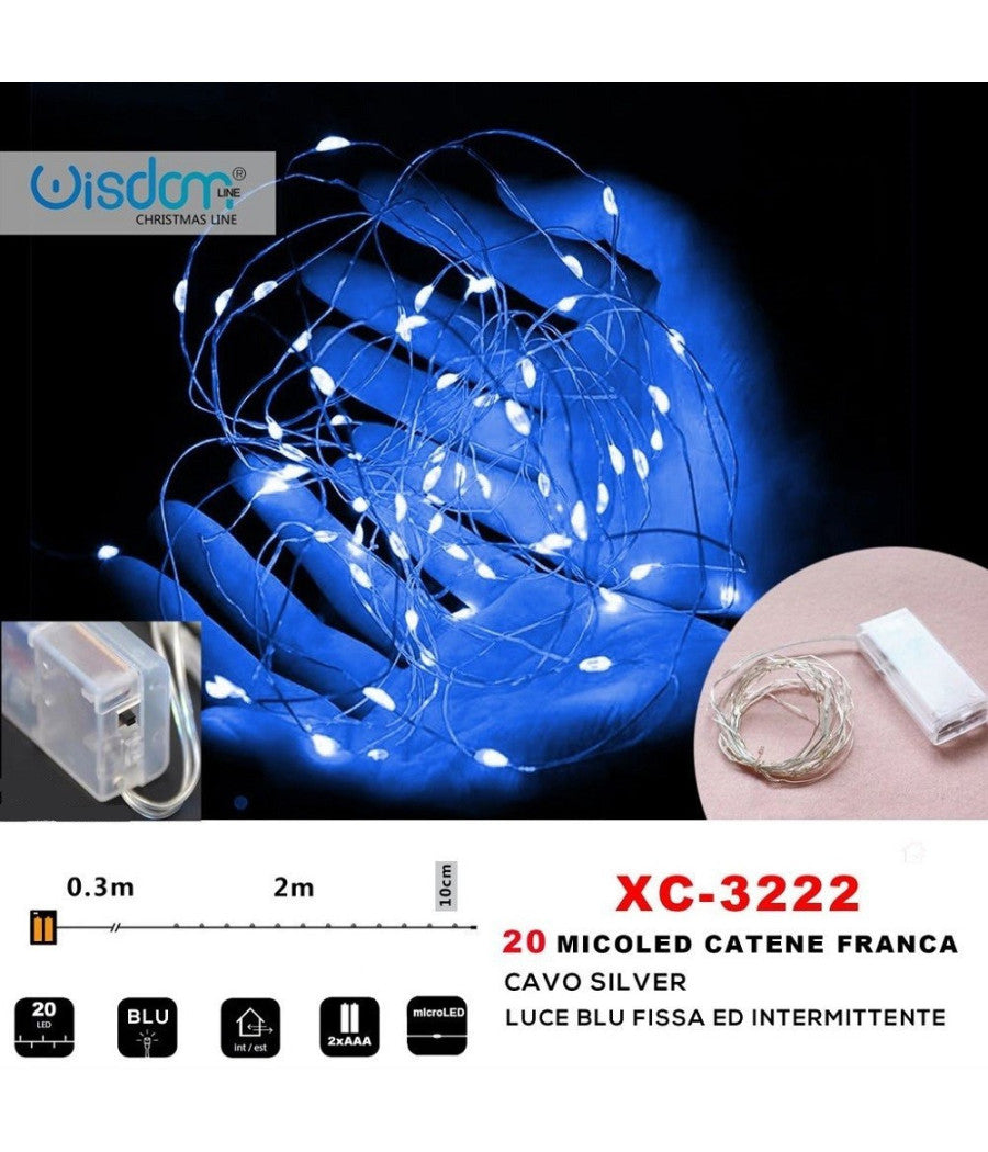 Catena 20 Microled A Batteria Cavo Silver Luce Blu Fissa + Intermittente Xc-3222         