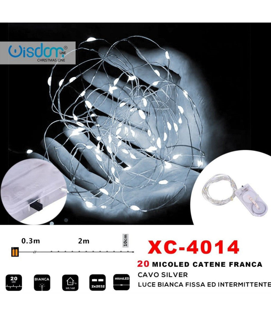 Catena 20microled A Batteria Cavo Silver Luce Bianca Fissa+intermittente Xc-4014         