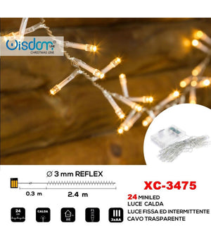 Catena 24 Led A Batteria Cavo Trasparente Luce Calda Fissa+intermittente Xc-3475         