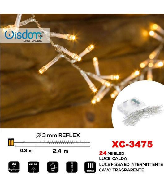 Catena 24 Led A Batteria Cavo Trasparente Luce Calda Fissa+intermittente Xc-3475         