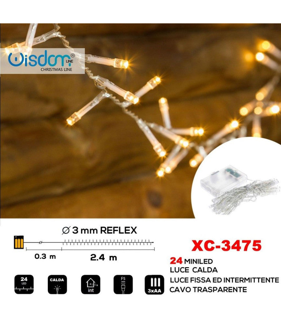 Catena 24 Led A Batteria Cavo Trasparente Luce Calda Fissa+intermittente Xc-3475         