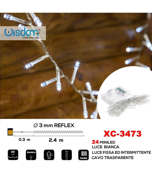 Catena 24led A Batteria Cavo Trasparente Luce Bianca Fissa+intermittente Xc-3473         