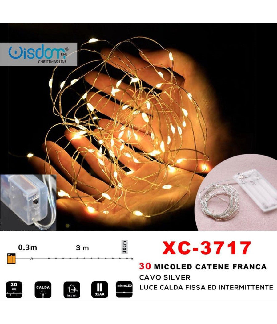 Catena 30 Microled A Batteria Cavo Silver Luce Calda Fissa+intermittente Xc-3717         