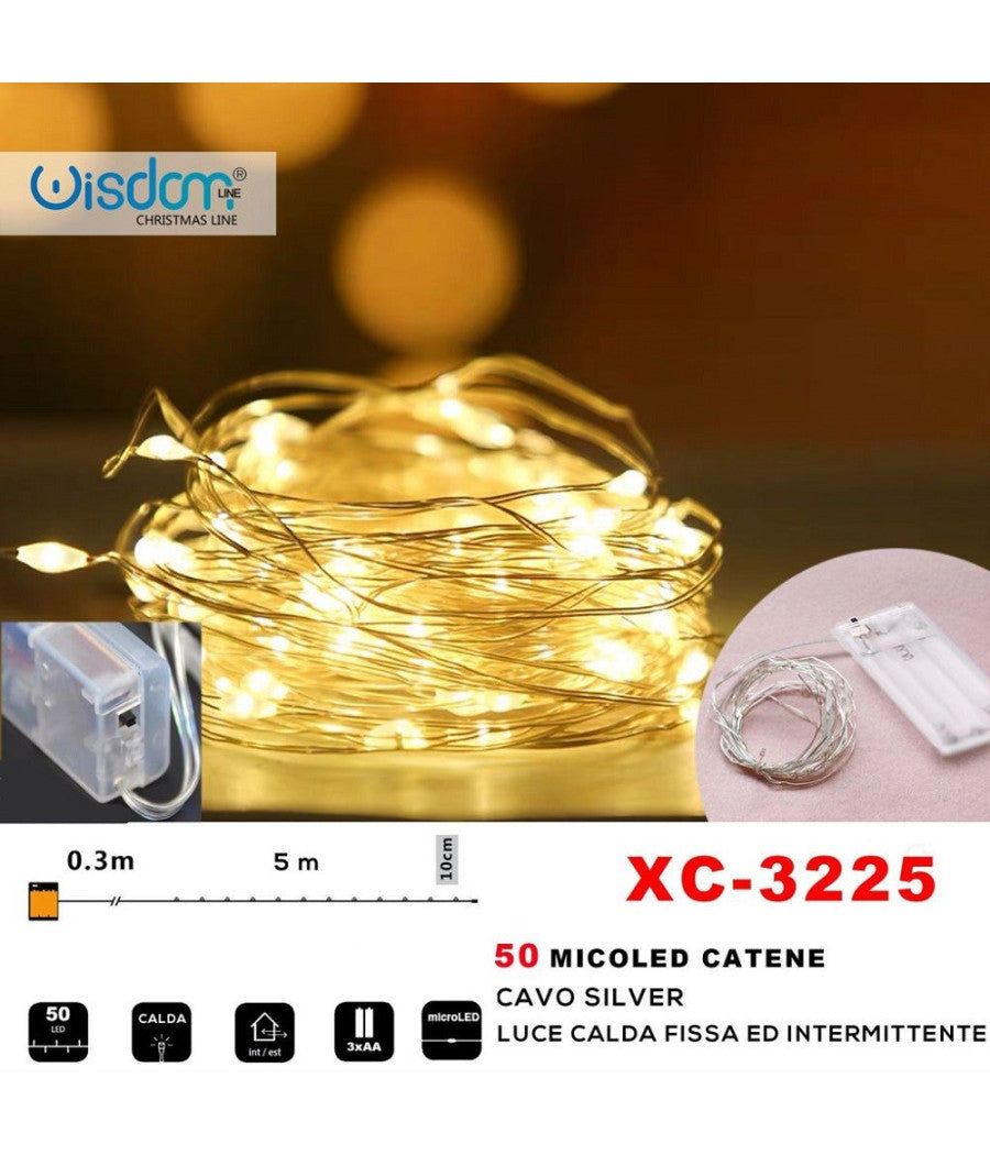 Catena 50 Microled A Batteria Cavo Silver Luce Calda Fissa+intermittente Xc-3225         