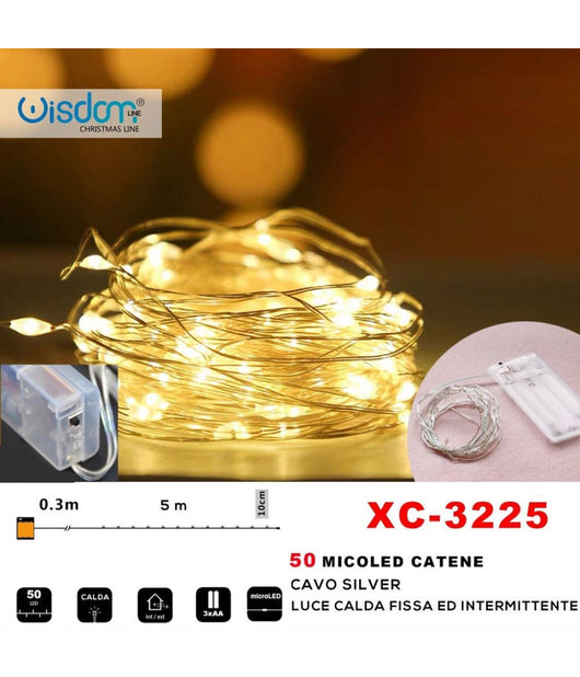 Catena 50 Microled A Batteria Cavo Silver Luce Calda Fissa+intermittente Xc-3225         