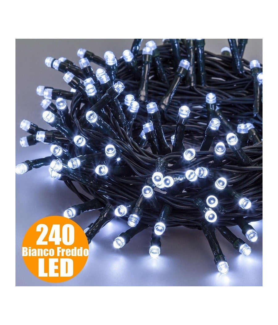 Catena Luci A Led Luminosa Natalizia Metri 240 Led Bianco Freddo Con Giochi Luce         