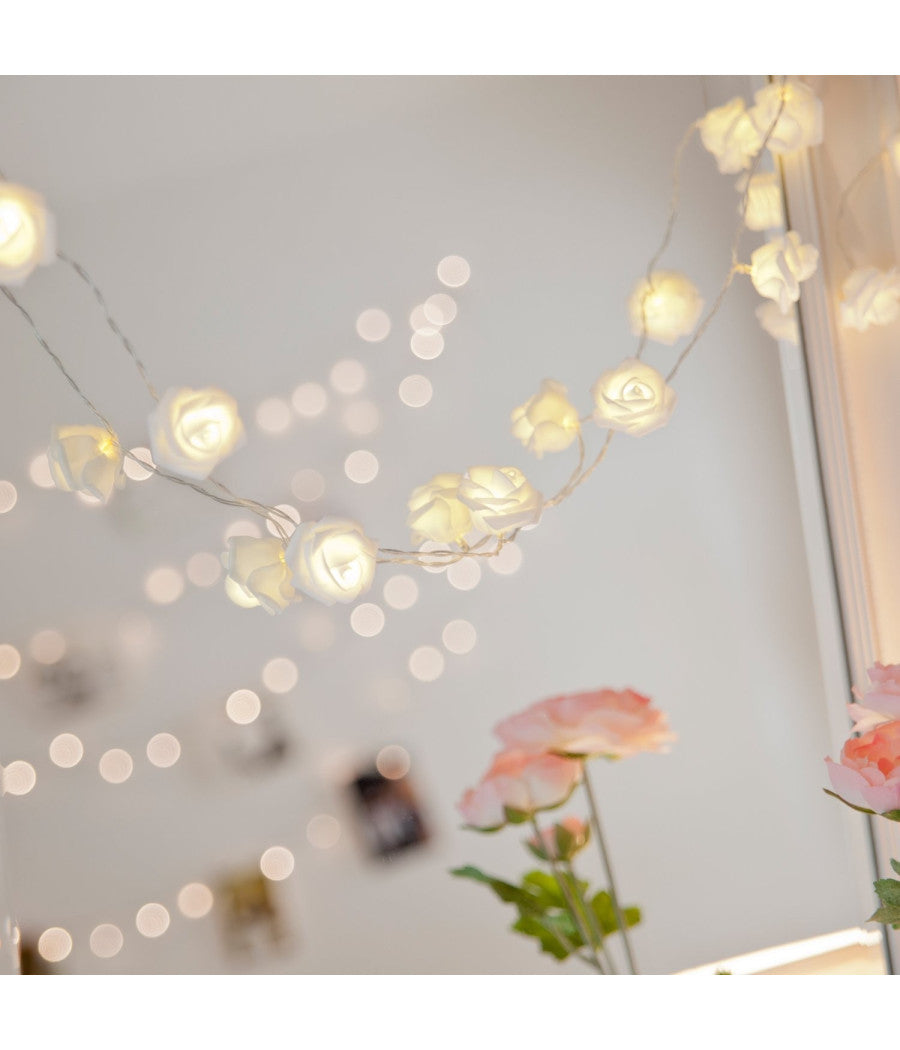 Catena Luci Luminosa Con 10 Led A Forma Di Rosa Bianca Alimentazione A Batteria         