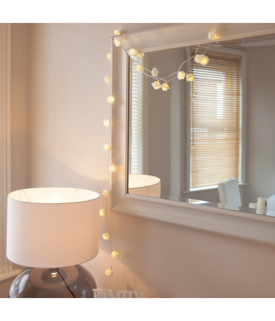 Catena Luci Luminosa Con 10 Led A Forma Di Rosa Bianca Alimentazione A Batteria         