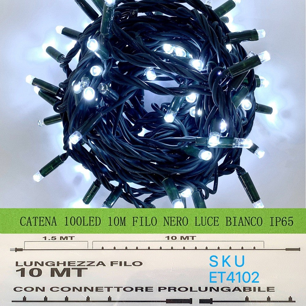 catena luminosa 100 led 10 metri filo nero luce bianco ip65 /ET4102 - ETTROIT