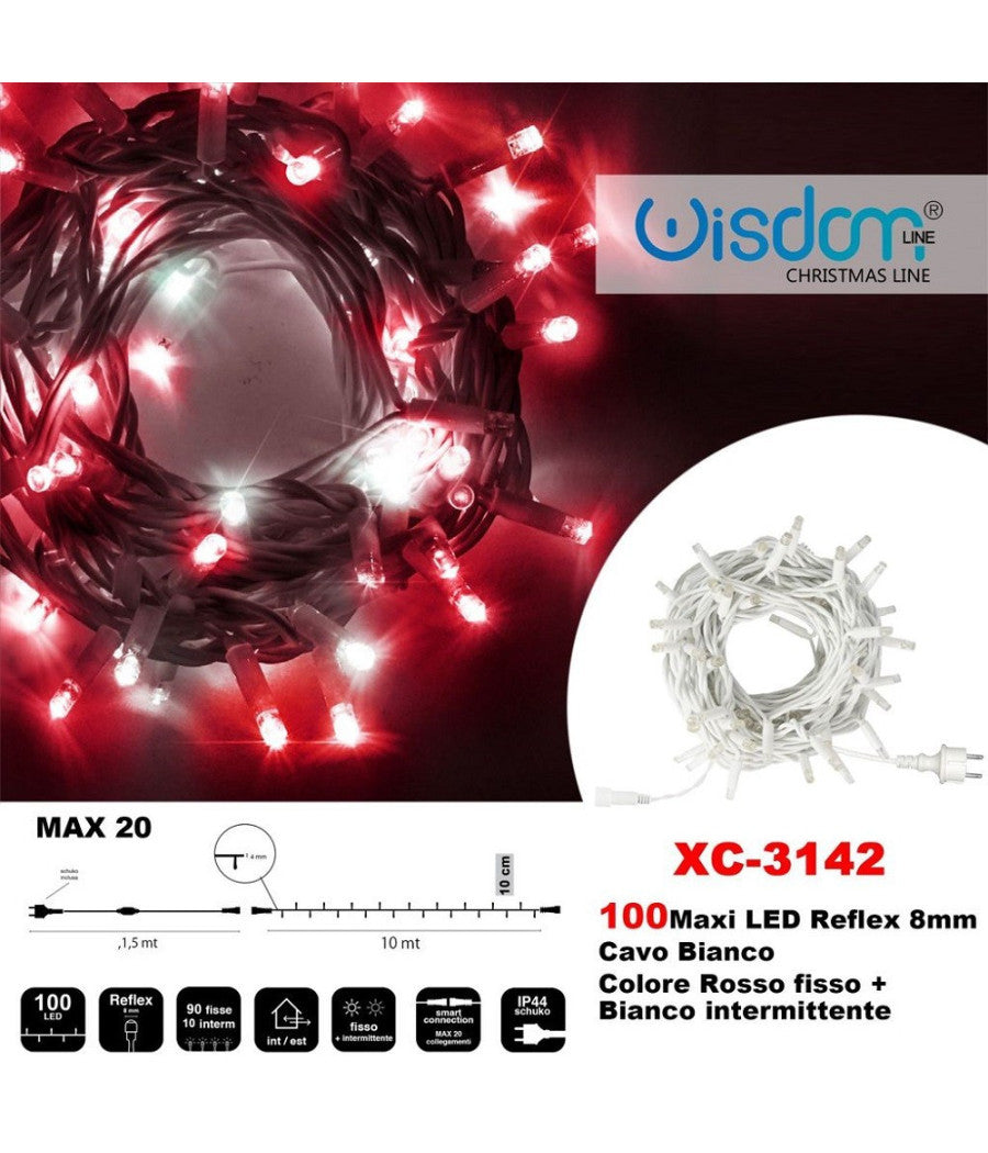 Catena Luminosa 100 Luci Led Lucciole Rosso Fisso + Bianco Intermittente Xc-3142         