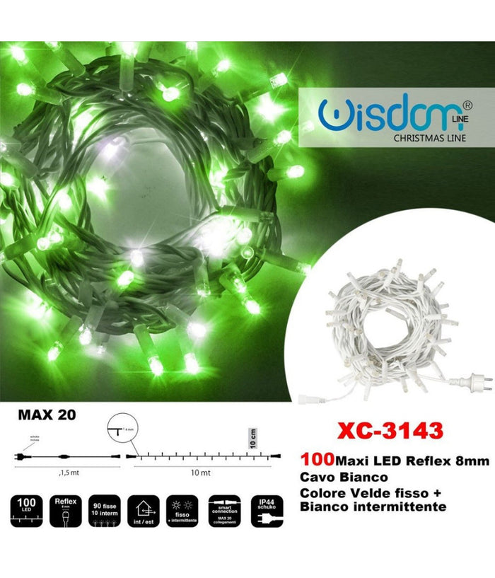 Catena Luminosa 100 Luci Led Lucciole Verde Fisso + Bianco Intermittente Xc-3143         