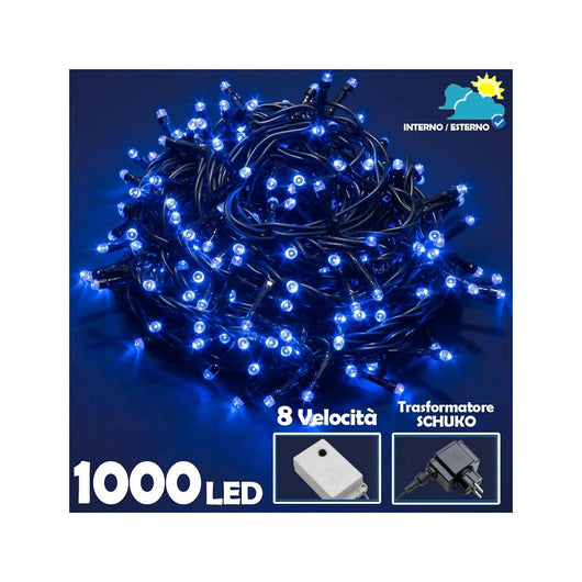 Trade Shop - Catena Luminosa 1000 Luci Led Lucciole Blu Controller 8 Funzioni Interno Esterno -