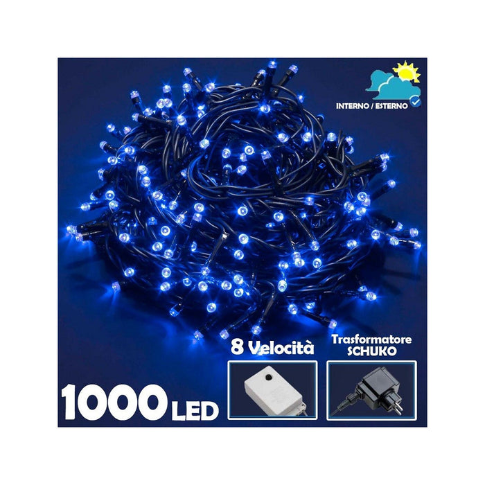 Trade Shop - Catena Luminosa 1000 Luci Led Lucciole Blu Controller 8 Funzioni Interno Esterno -