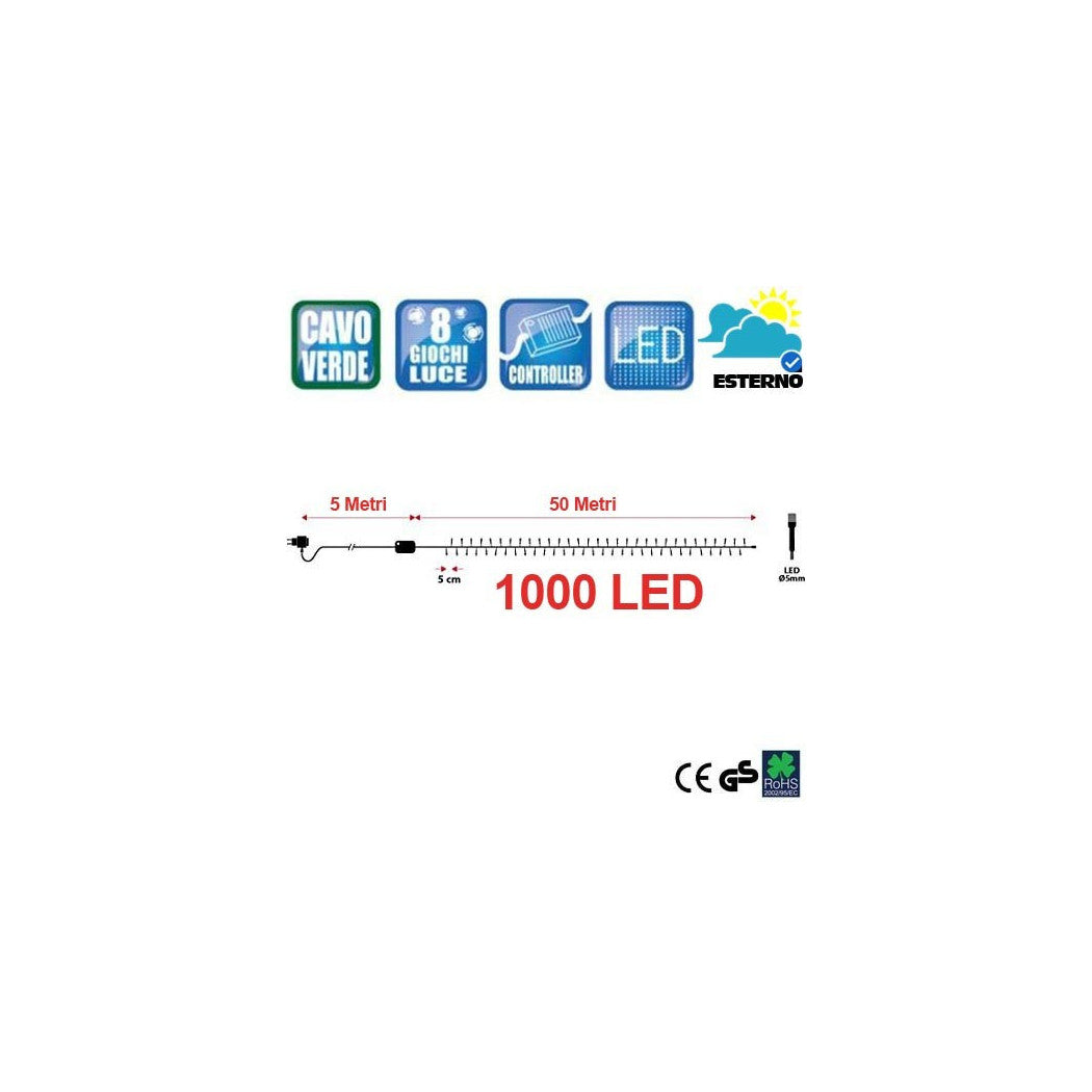 Trade Shop - Catena Luminosa 1000 Luci Led Lucciole Blu Controller 8 Funzioni Interno Esterno -