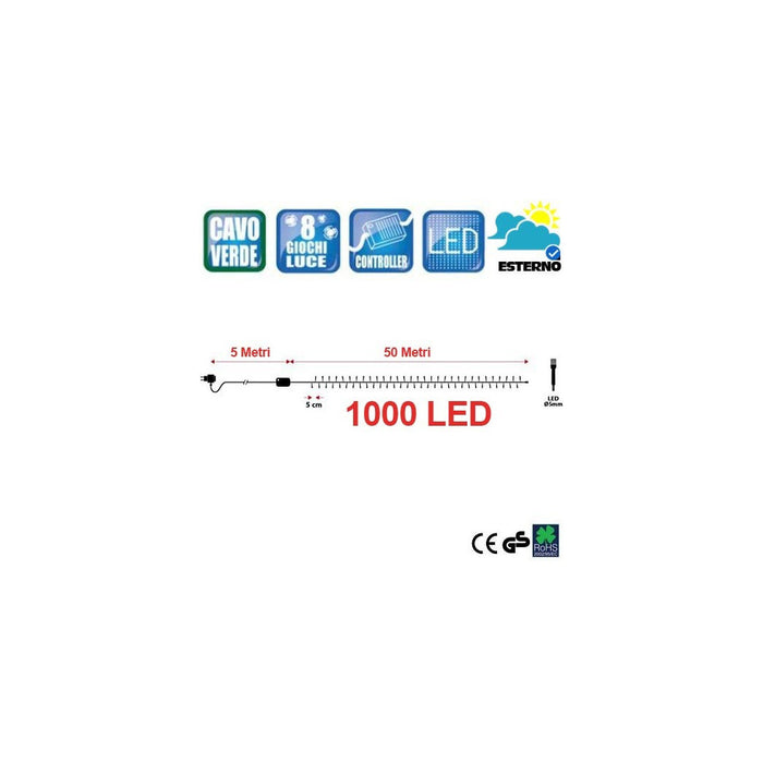 Trade Shop - Catena Luminosa 1000 Luci Led Lucciole Blu Controller 8 Funzioni Interno Esterno -