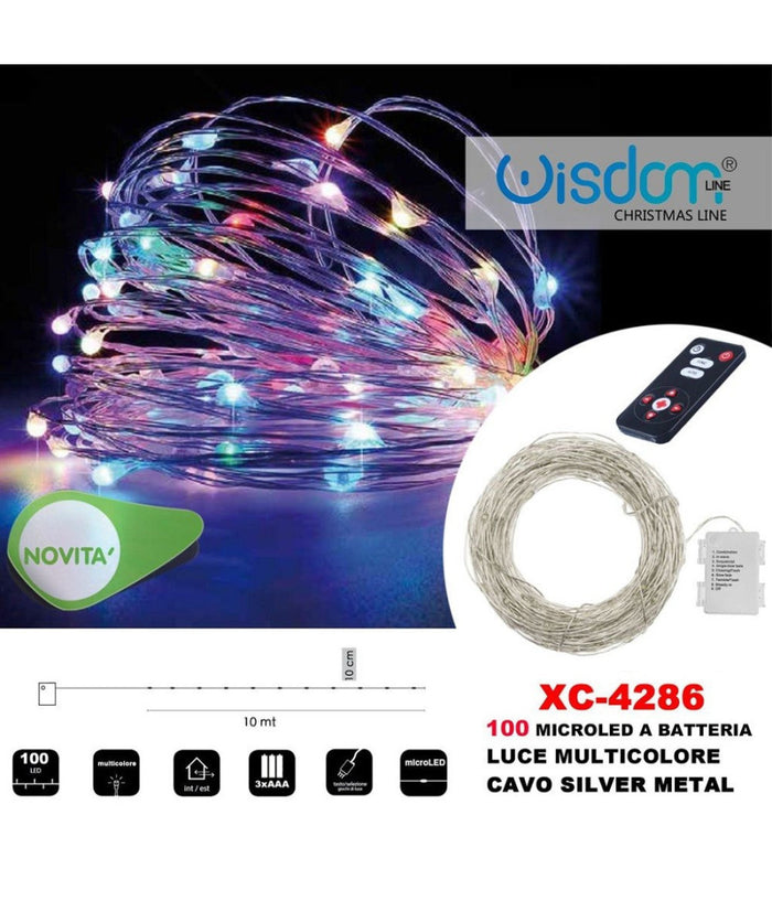 Catena Luminosa 100microled A Batteria Cavo Silver Metal Luce Multicolore Xc-4286         