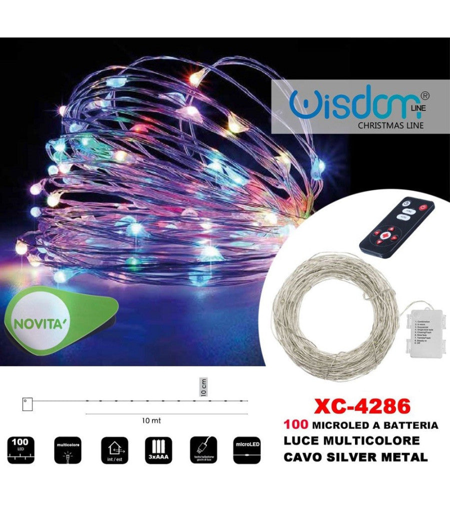 Catena Luminosa 100microled A Batteria Cavo Silver Metal Luce Multicolore Xc-4286         