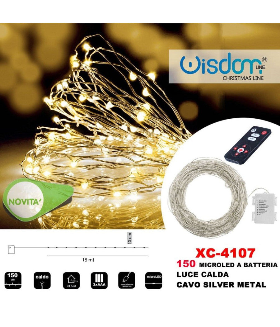 Catena Luminosa 150 Microled A Batteria Cavo Silver Metal Luce Calda Xc-4107         