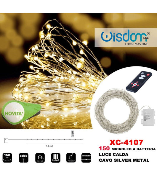 Catena Luminosa 150 Microled A Batteria Cavo Silver Metal Luce Calda Xc-4107         
