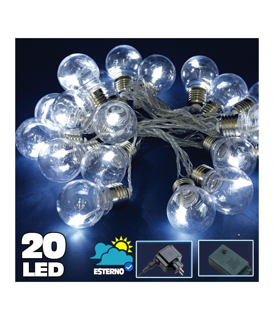 Catena Luminosa 20 Bulbi Forma Lampadina Trasparente A Led Bianco Freddo Albero         