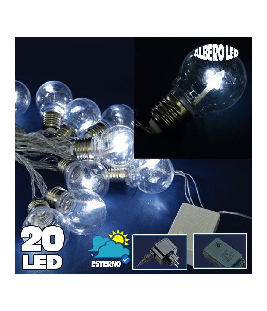 Catena Luminosa 20 Bulbi Forma Lampadina Trasparente A Led Bianco Freddo Albero         