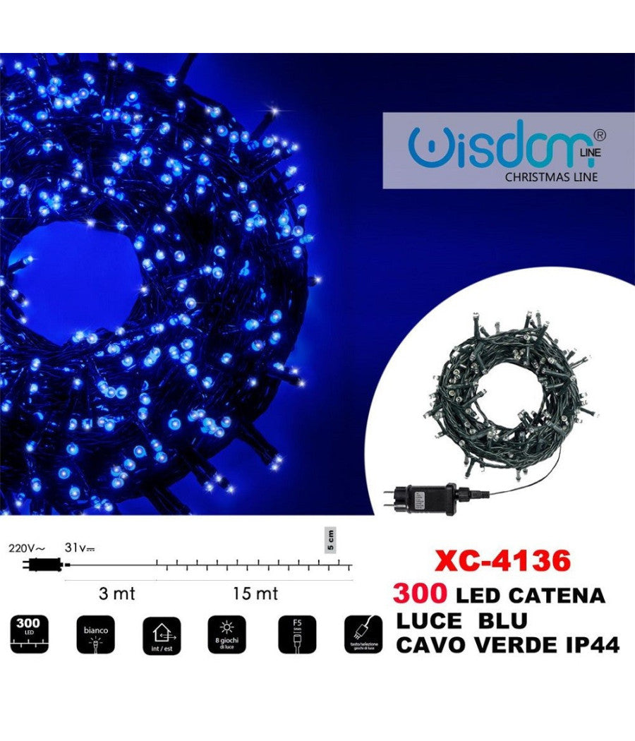 Catena Luminosa 300 Luci Led Lucciole Luce Blu Cavo Verde Ip44 Xc-4136         