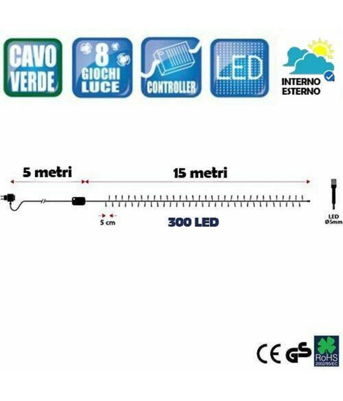 Catena Luminosa 300 Luci Led Lucciole Multicolore Controller 8 Funzioni Esterno         