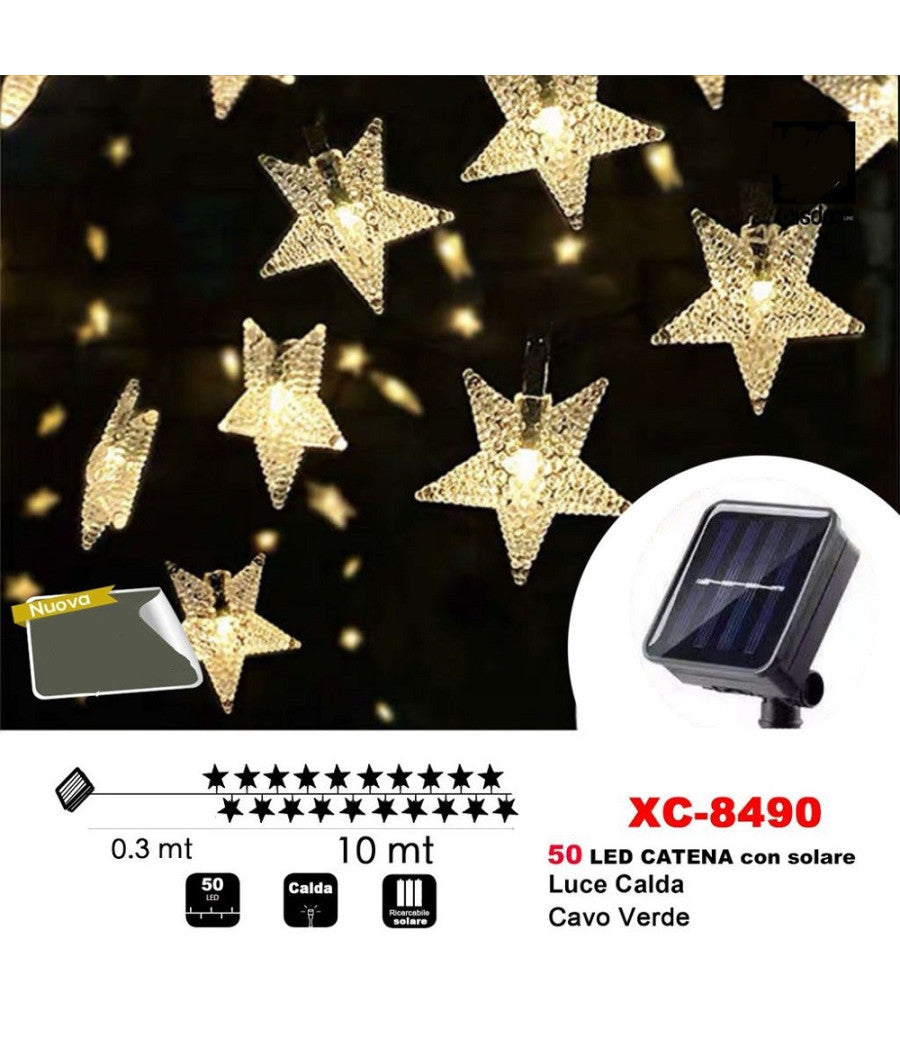 Trade Shop - Catena Luminosa 50 Led Stelle Luminose Luce Ad Energia Solare Luce Calda Xc-8490 -