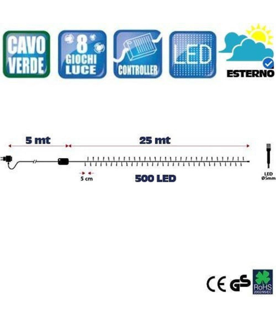 Catena Luminosa 500 Luci Led Lucciole Bianco Caldo Controller 8 Funzioni Esterno         