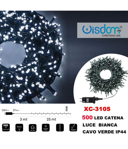 Catena Luminosa 500 Luci Led Lucciole Luce Bianca Cavo Verde Ip44 Xc-3105         