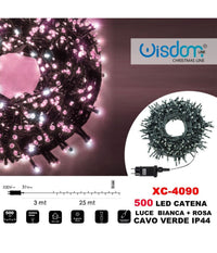 Catena Luminosa 500 Luci Led Lucciole Luce Bianca + Rosa Cavo Verde Ip44 Xc-4090         