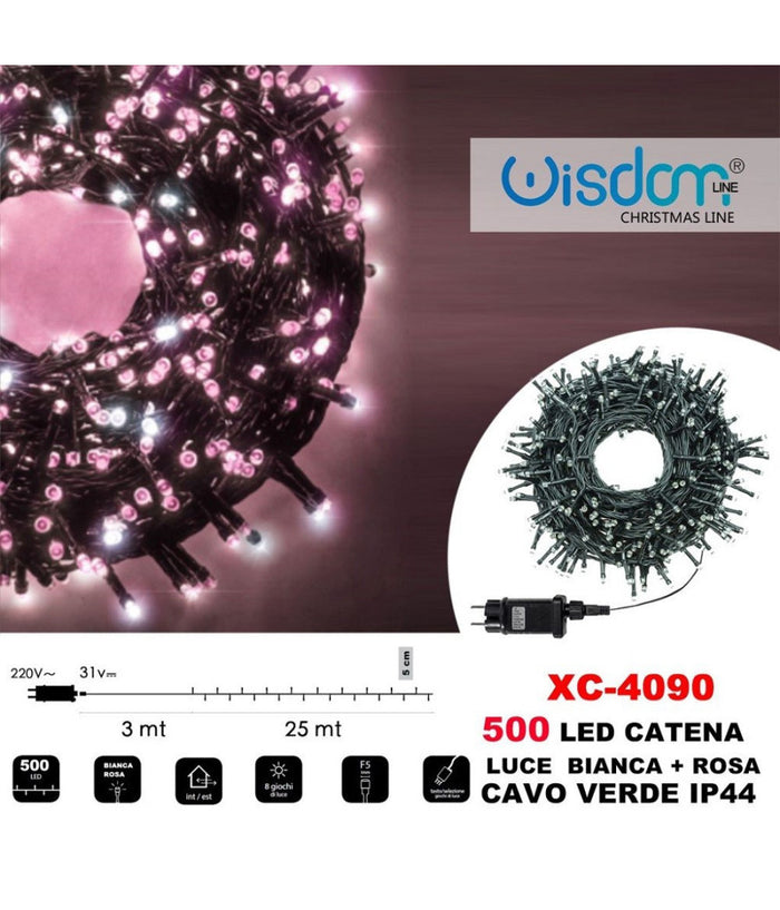 Catena Luminosa 500 Luci Led Lucciole Luce Bianca + Rosa Cavo Verde Ip44 Xc-4090         