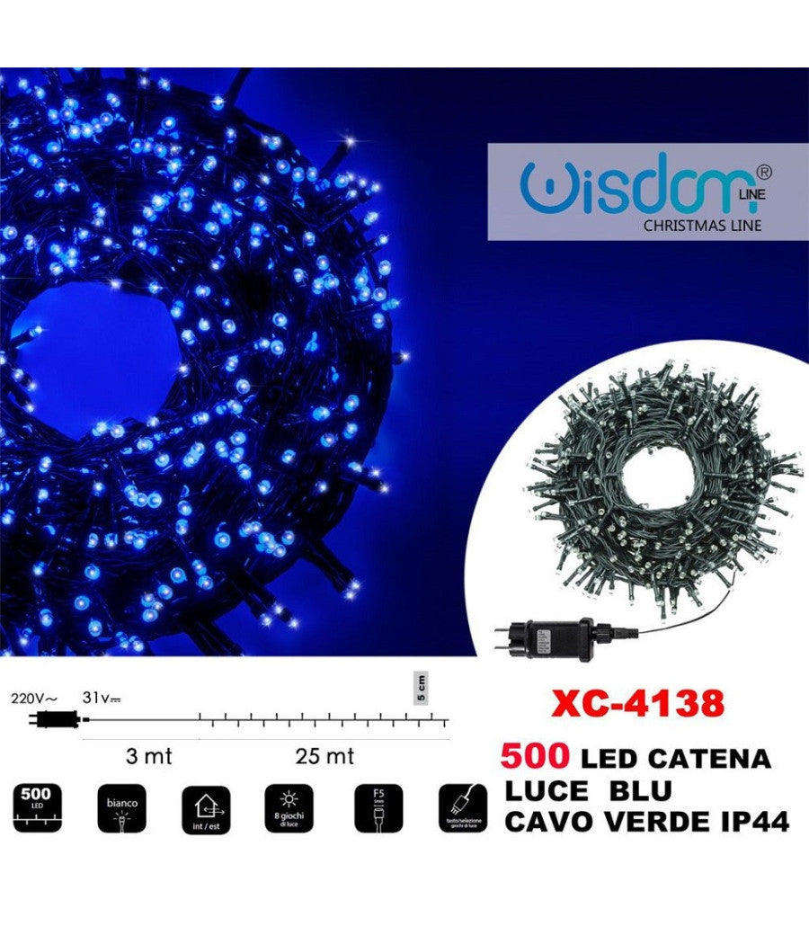 Catena Luminosa 500 Luci Led Lucciole Luce Blu Cavo Verde Ip44 Xc-4138         