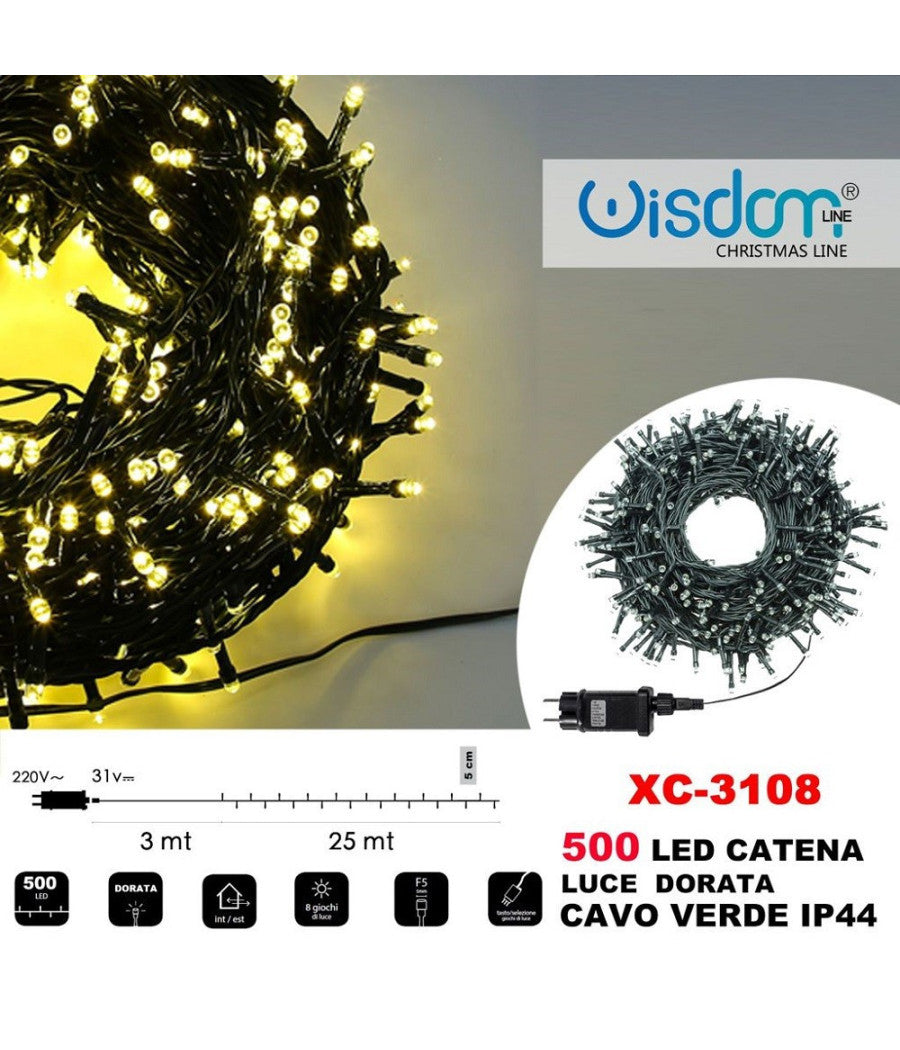 Catena Luminosa 500 Luci Led Lucciole Luce Dorata Cavo Verde Ip44 Xc-3108         