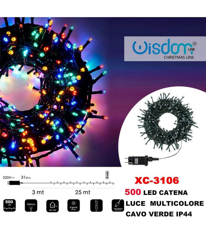 Catena Luminosa 500 Luci Led Lucciole Luce Multicolore Cavo Verde Ip44 Xc-3106         