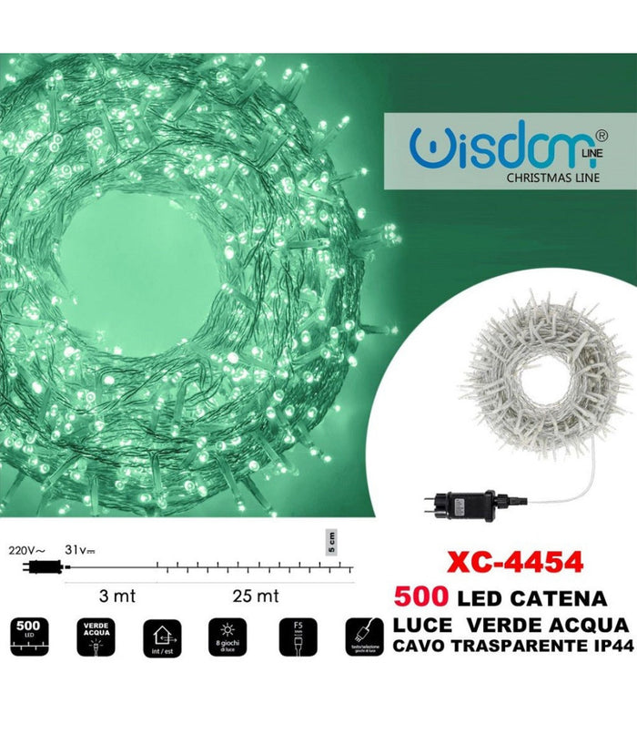 Catena Luminosa 500 Luci Led Lucciole Luce Verde Acqua Cavo Trasparente Xc-4454         