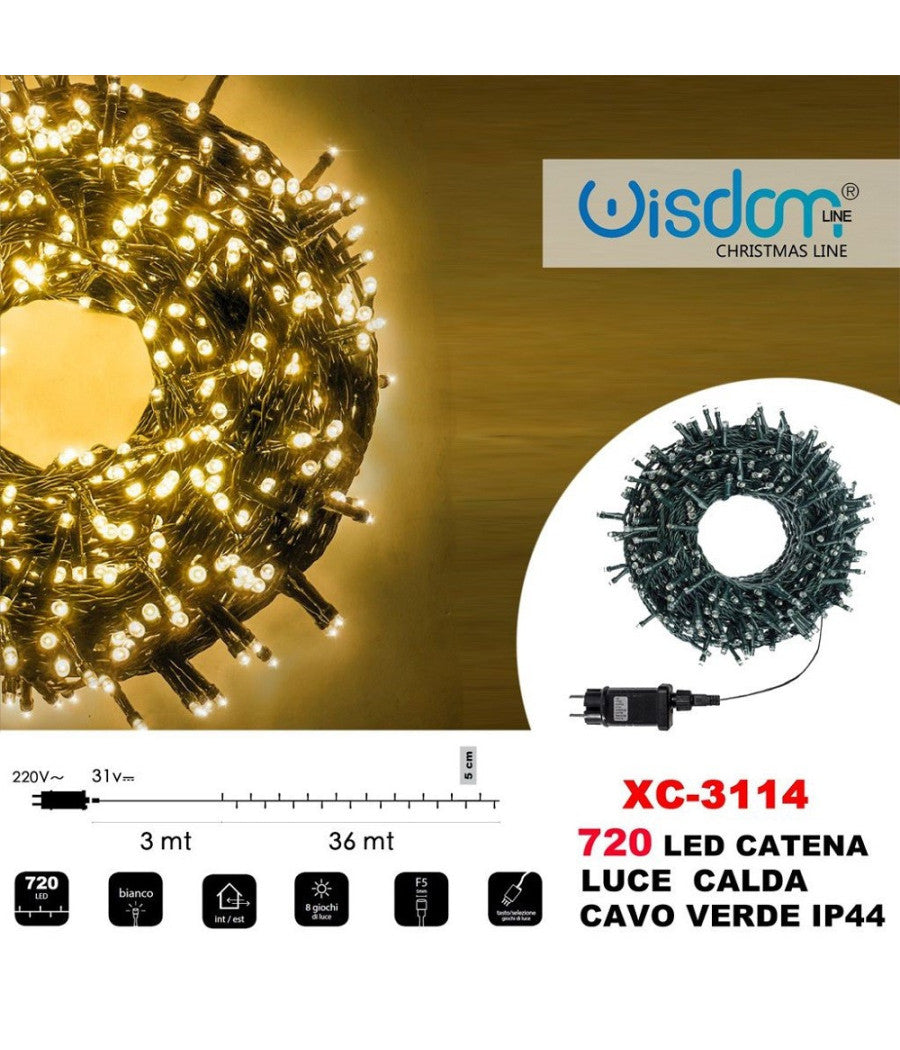 Catena Luminosa 720 Luci Led Lucciole Luce Calda Cavo Verde Ip44 Xc-3114         