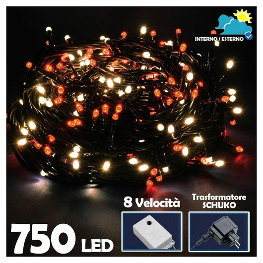 Trade Shop - Catena Luminosa 750 Luci Led Lucciole Bianco Caldo E Rosso Controller 8 Funzioni -