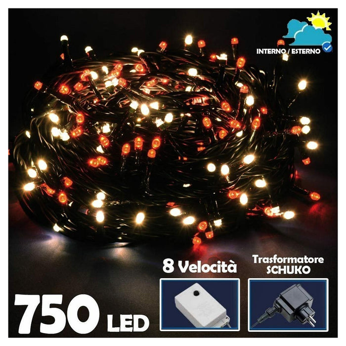 Trade Shop - Catena Luminosa 750 Luci Led Lucciole Bianco Caldo E Rosso Controller 8 Funzioni -