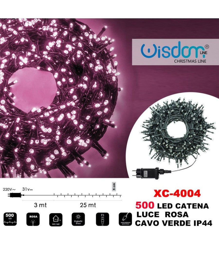 Catena Luminosa Luci 500 Led Lucciole Luce Rosa Cavo Verde Ip44 Xc-4004         
