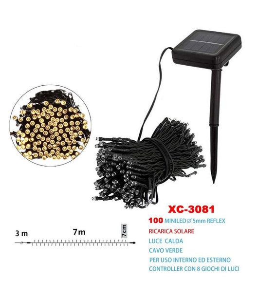 Trade Shop - Catena Luminosa Natale 100 Led Con Ricarica Ad Energia Solare Luce Calda Xc-3081 -